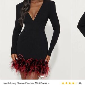 Fashion Nova Black Long Sleeve Mini Dress with Red Feather Hem